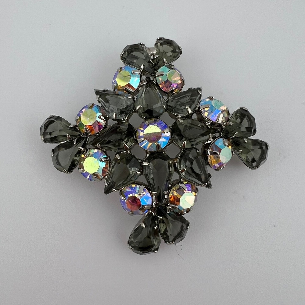 Vintage Smoky Gray Rhinestone Brooch AB Crystal Statement Pin Silver Tone